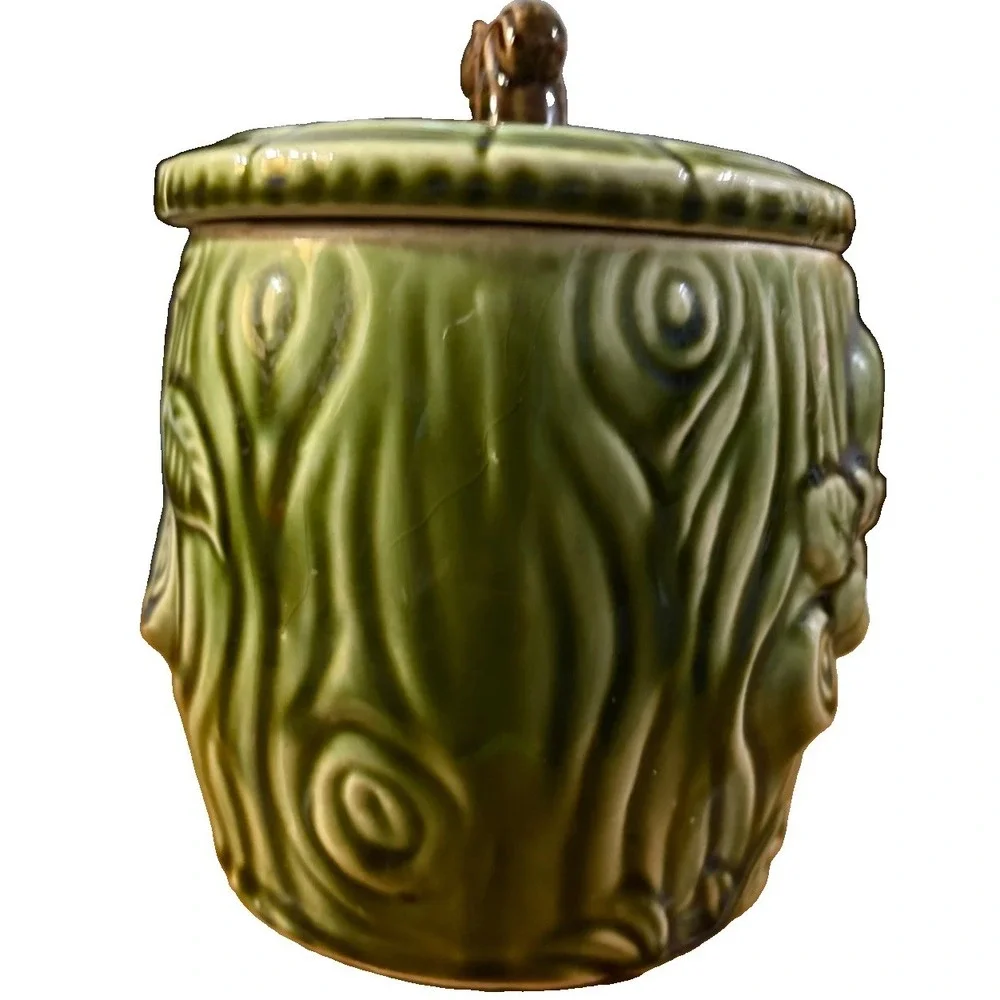 Woodland Deer Cookie Jar Ceramic Green Glaze Squirrel Lid Forest Canister Vtg